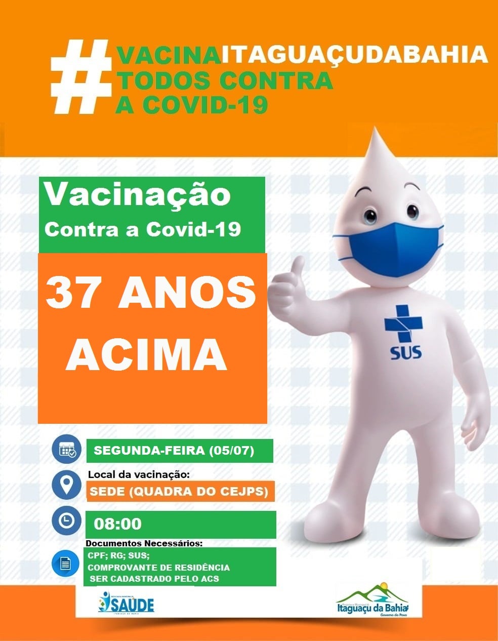 VACINAÇÃO COVID-19 37 ANOS ACIMA! NESSA SEGUNDA-FEIRA