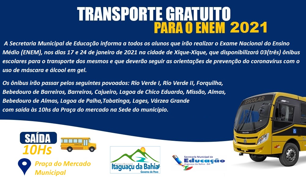 AVISO TRANSPORTE GRATUITO PARA O ENEM 2021