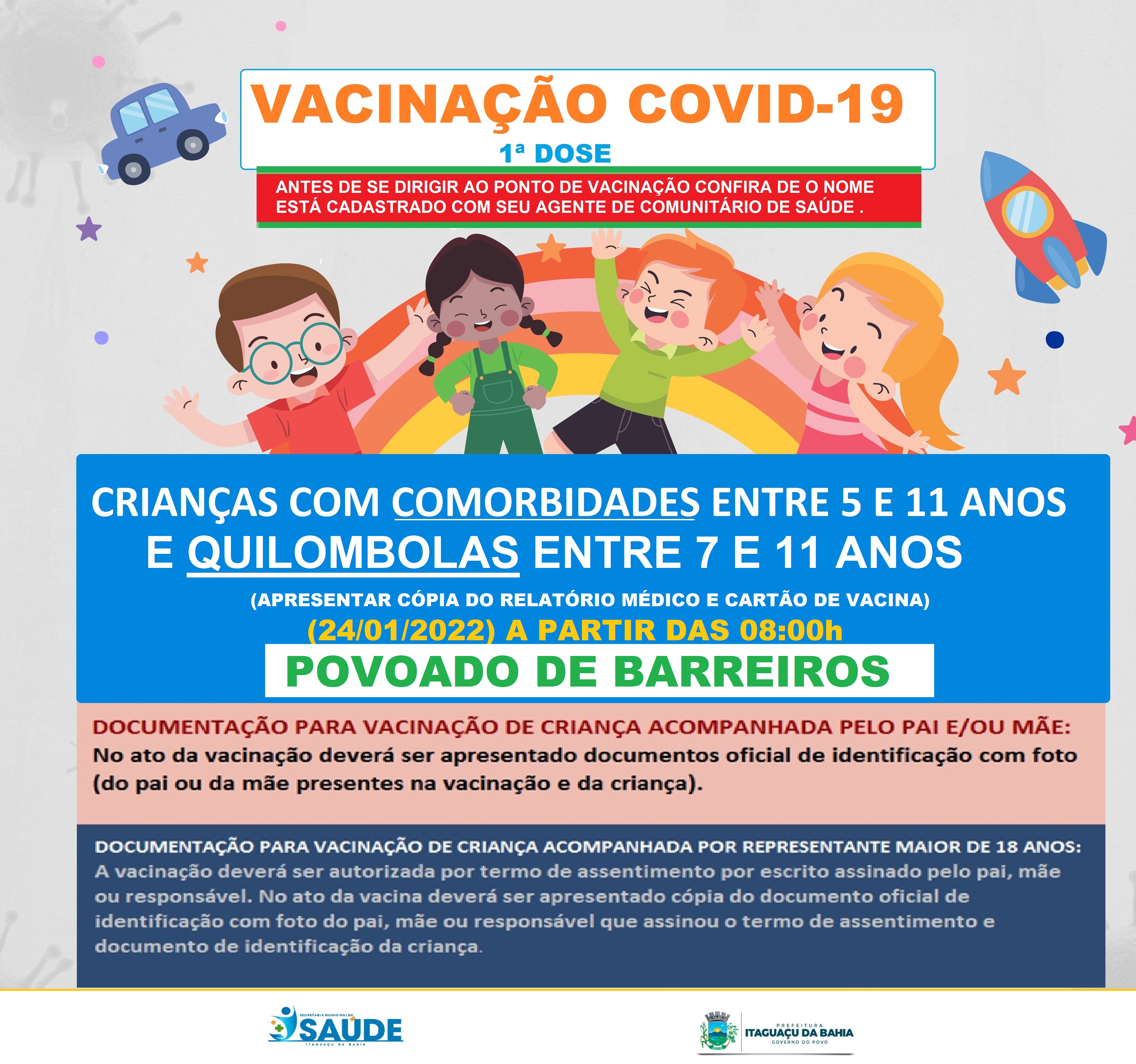 Vacinação covid-19 Crianças com Comorbidades de 05 a 11 anos E Quilombolas entre 07 a 11 anos Primeira Dose.