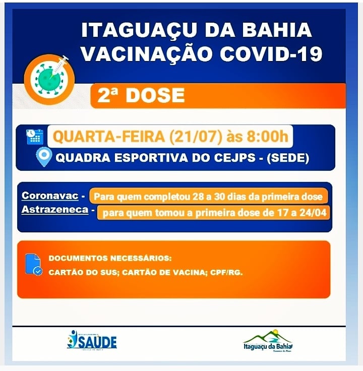Vacinação Contra Covid-19 quarta-feira (21/07) SEGUNDA DOSE