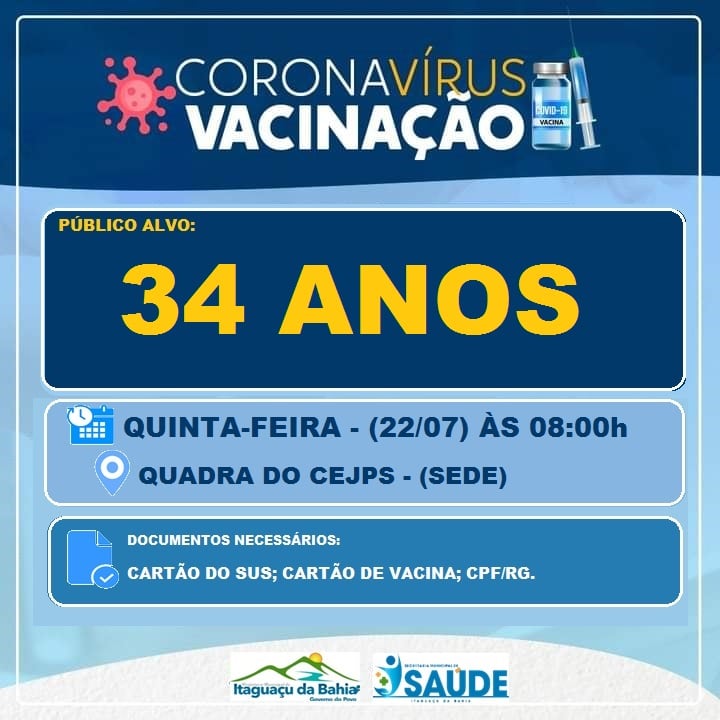 Vacinação Covid 💉 🔵 34 anos 🔵