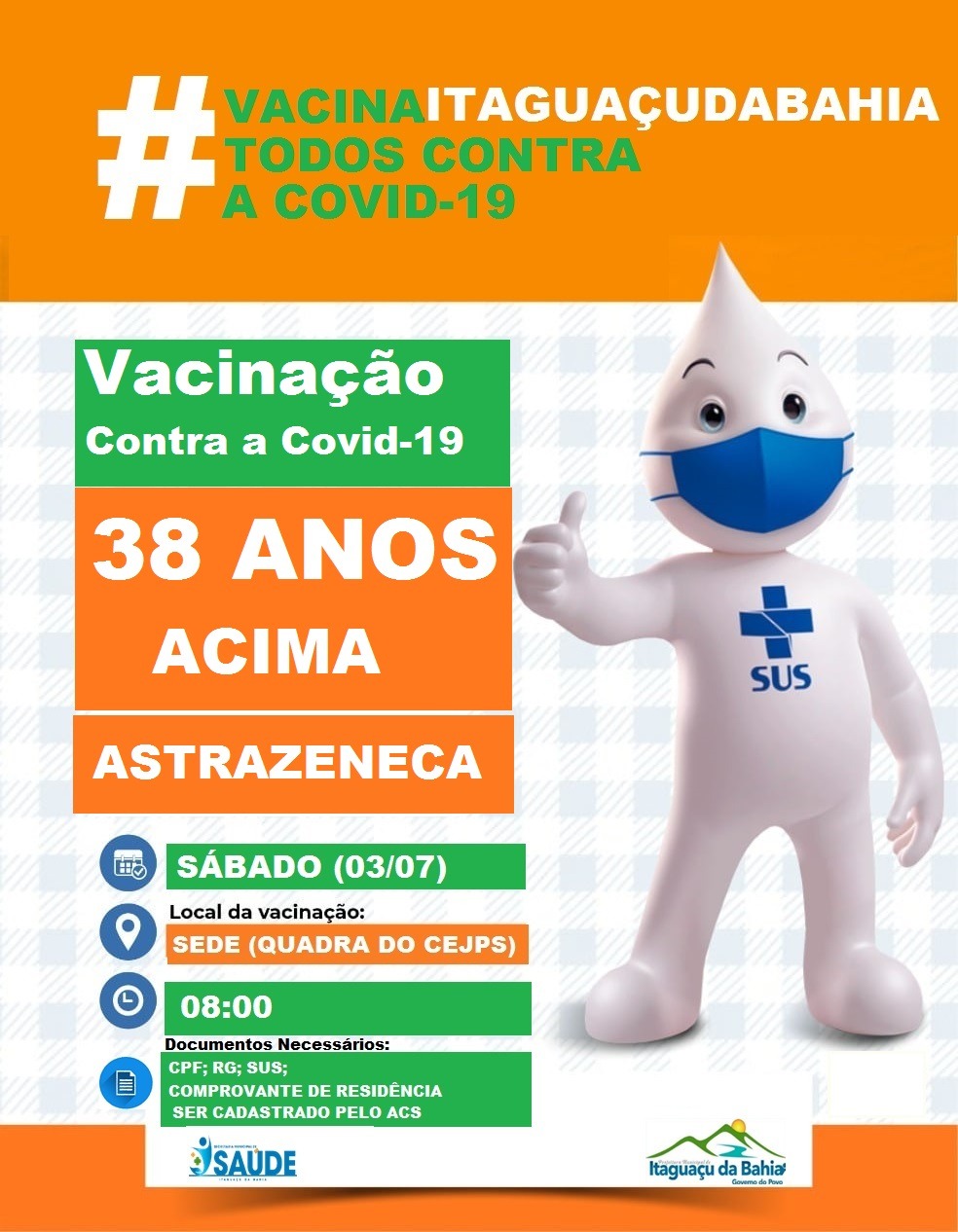 VACINAÇÃO CONTRA A COVID-19 NESSE SÁBADO DIA (03/07)