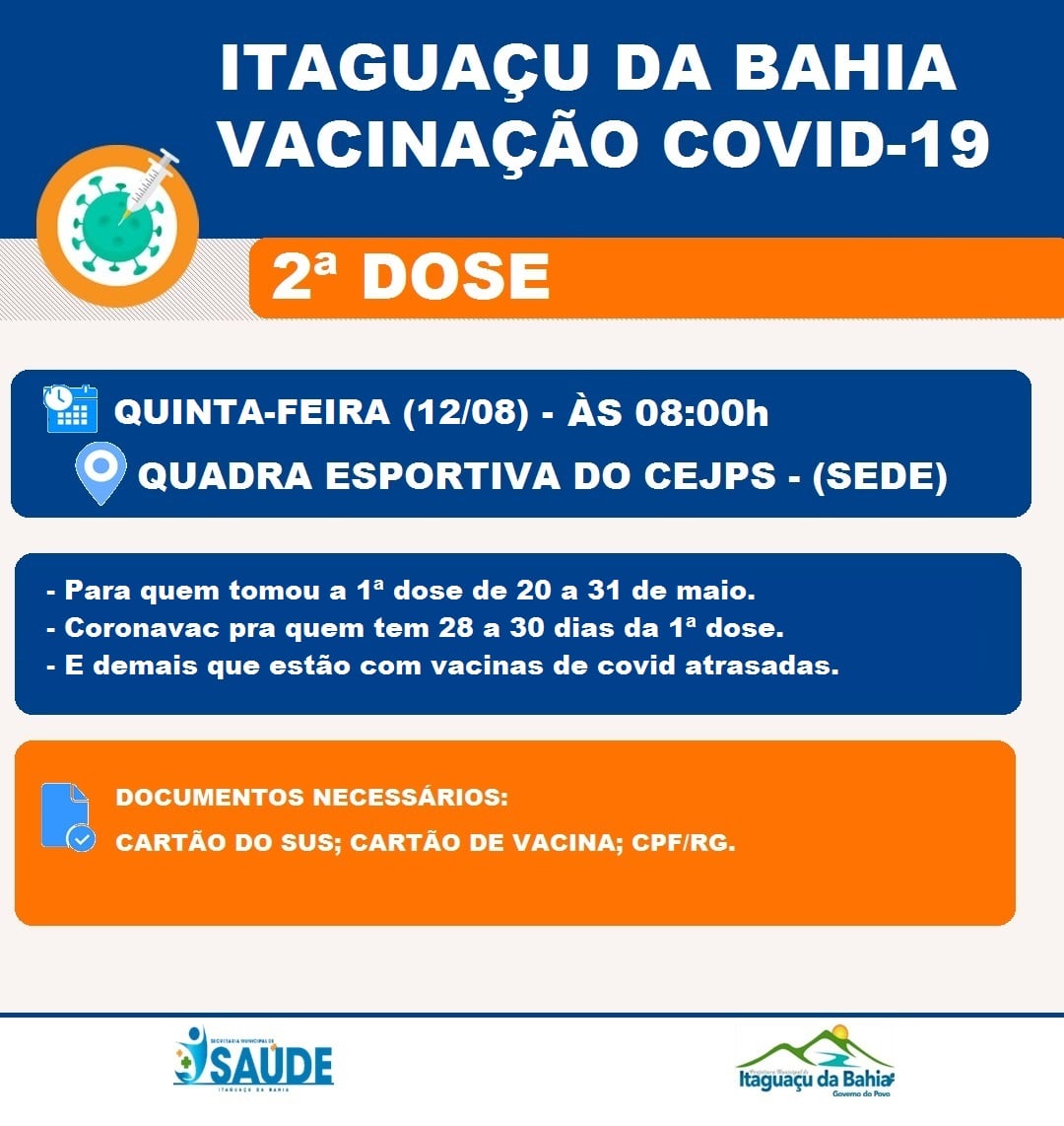 ⚠️ ATENÇÃO! ⚠️ ➡️NESSA QUINTA-FEIRA (12/08) TEM 2ª DOSE. 💉💉