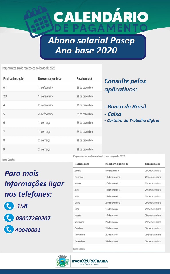INFORMAÇÕES Calendário de Pagamento Abono Salarial Pasep ano base 2020. Pagamentos serão realizados ao longo desse ano de 2022.