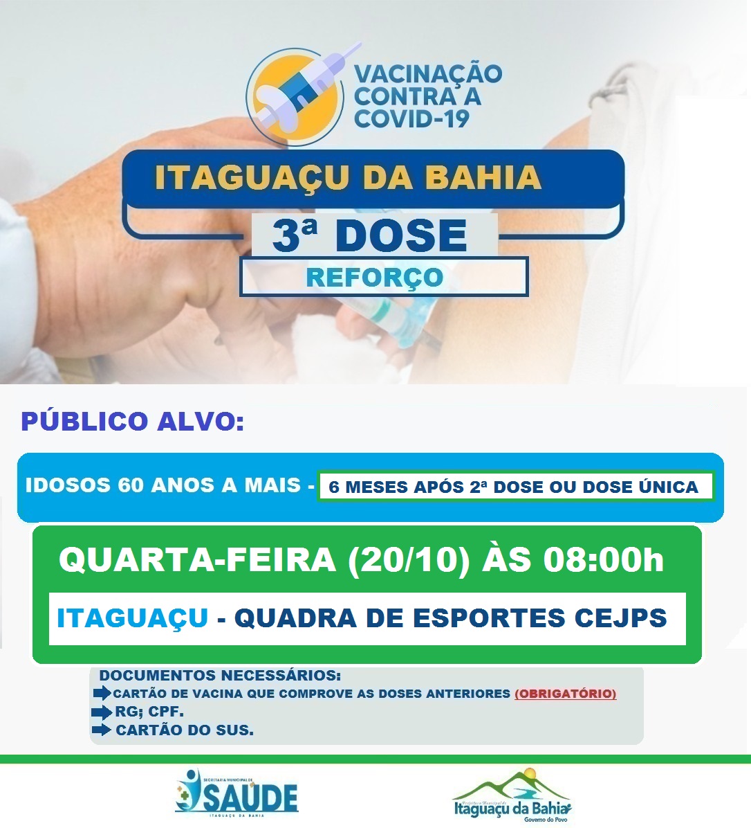⚠️ ATENÇÃO ⚠️ AMANHÃ QUARTA-FEIRA (20/10) É DIA DE VACINAÇÃO COVID-19!! 💉💉