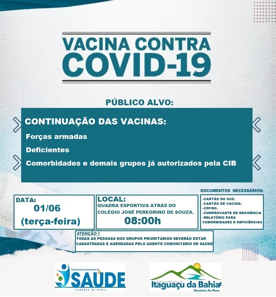 ATENÇÃO! Vacinação 01-06 (TERÇA-FEIRA)