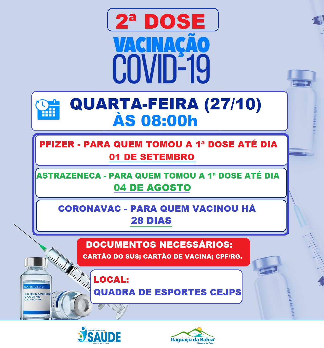 2ª dose de vacinação contra covid-19 nessa quarta-feira (27/10)