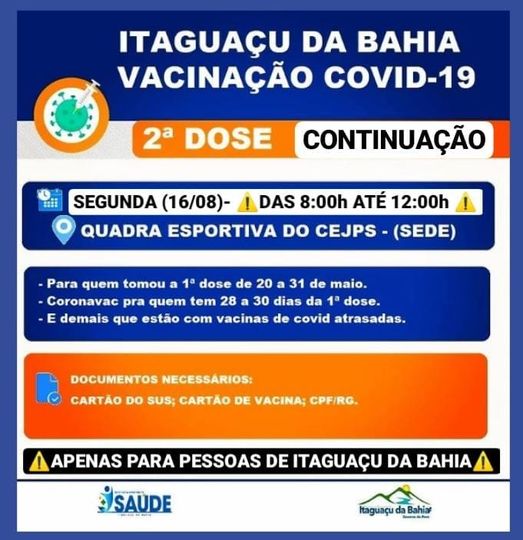 🔵 SEGUNDA FEIRA (16/08) 🔵 CONTINUAÇÃO DA SEGUNDA DOSE 💉💉