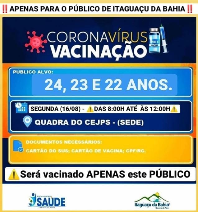 🔵 SEGUNDA FEIRA (16/08) 🔵 24,23, e 22 ANOS. 💉